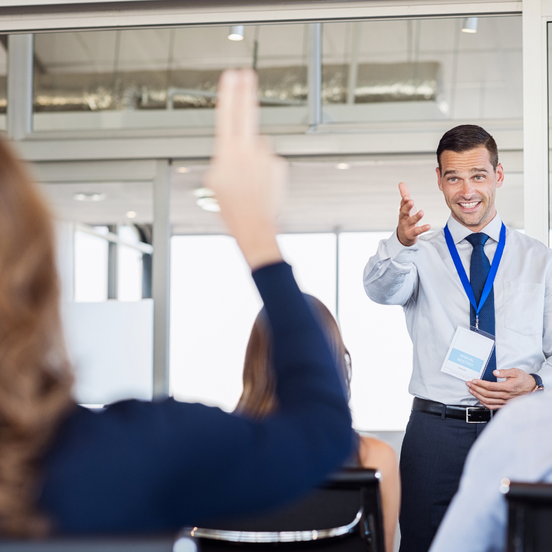 Trainer excitedly answering a question